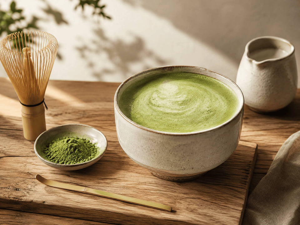 Matcha latte servi avec un bol à matcha, un fouet en bambou et de la poudre de matcha.
