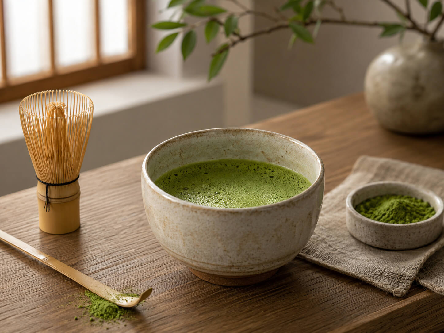 Préparation du matcha dans un bol en céramique avec un fouet traditionnel en bambou.