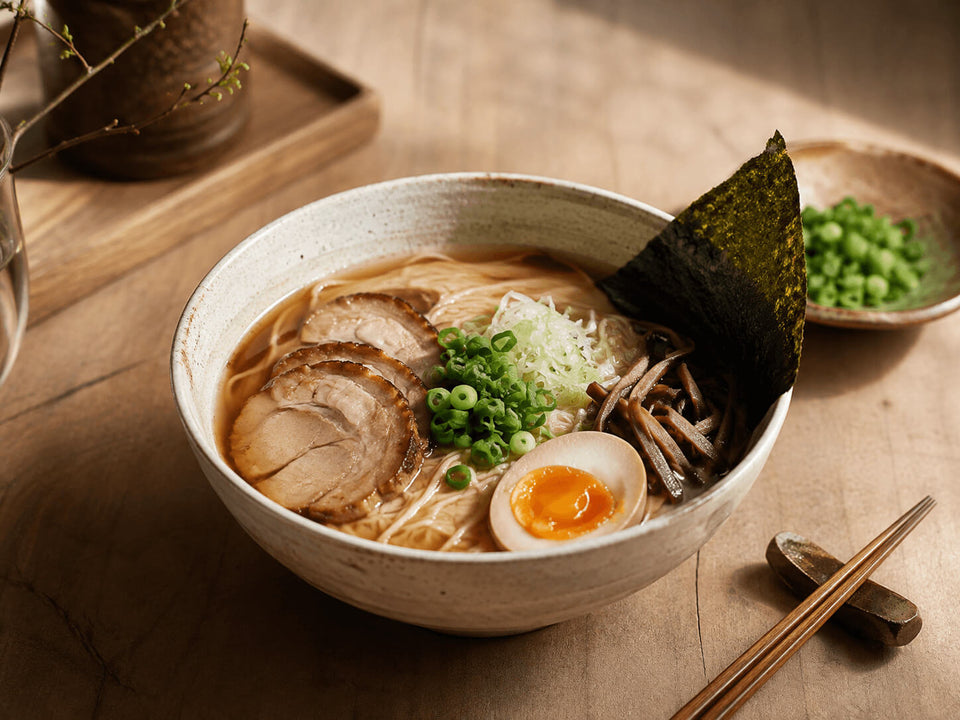 Bol de ramen maison avec bouillon, nouilles, œuf mariné et garnitures japonaises.