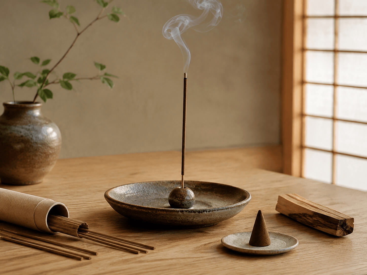 Sélection de différents encens et porte-encens dans un intérieur japonais aux tons naturels.