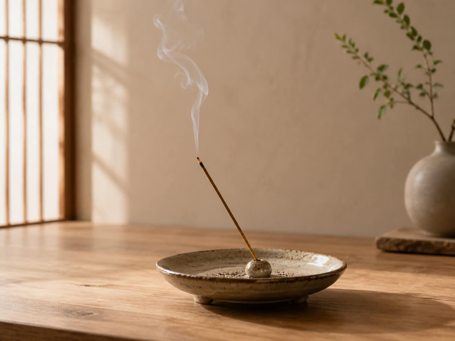 Lit incense stick in a stable ceramic holder on a heat-resistant surface with delicate smoke.