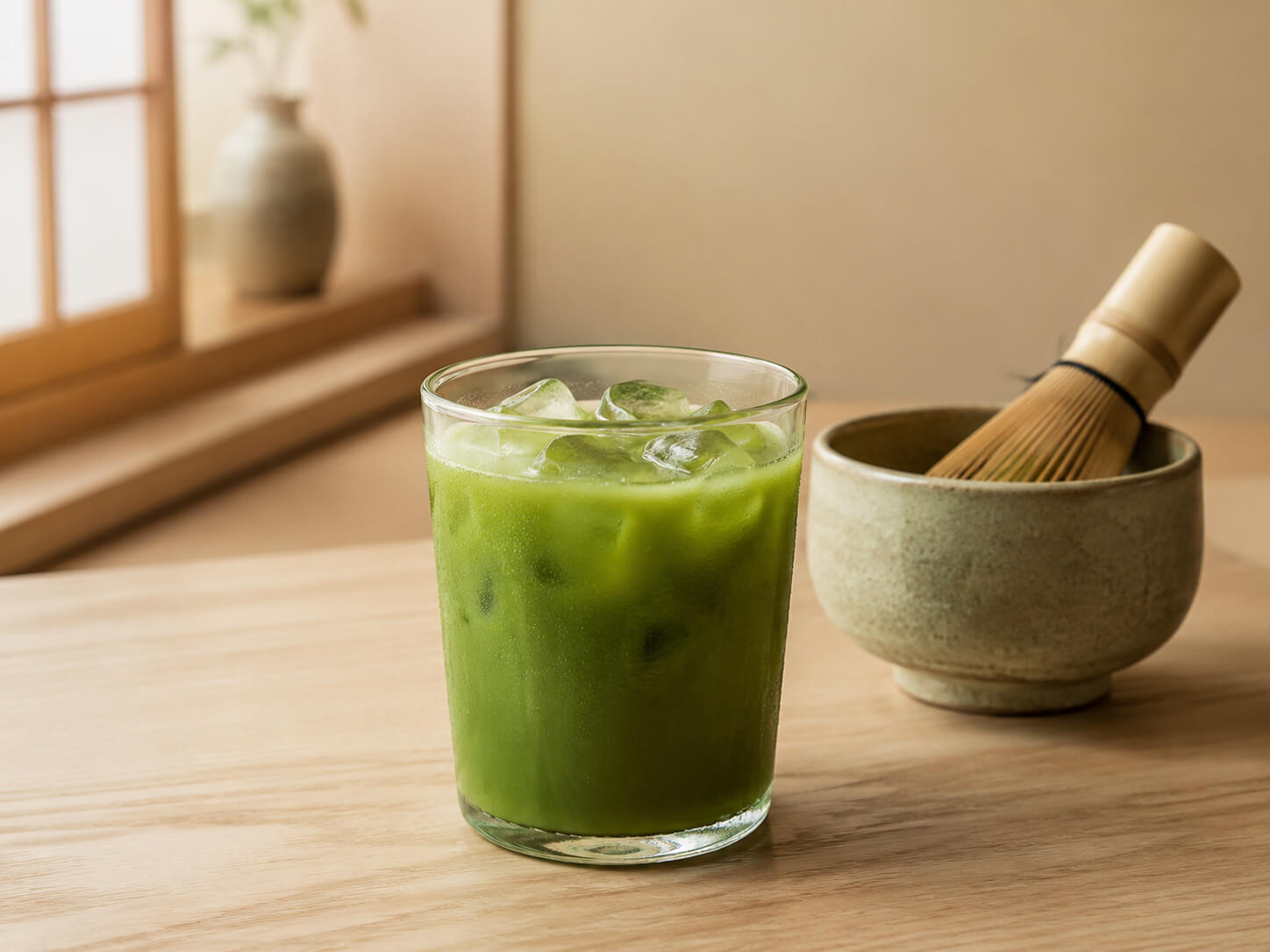 Iced matcha served in a clear glass beside a matcha bowl and bamboo whisk.