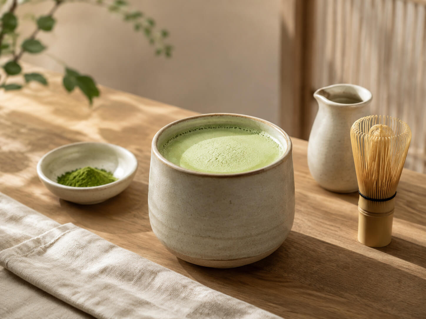 Creamy matcha latte with a ceramic matcha bowl, bamboo whisk and sifted matcha powder.