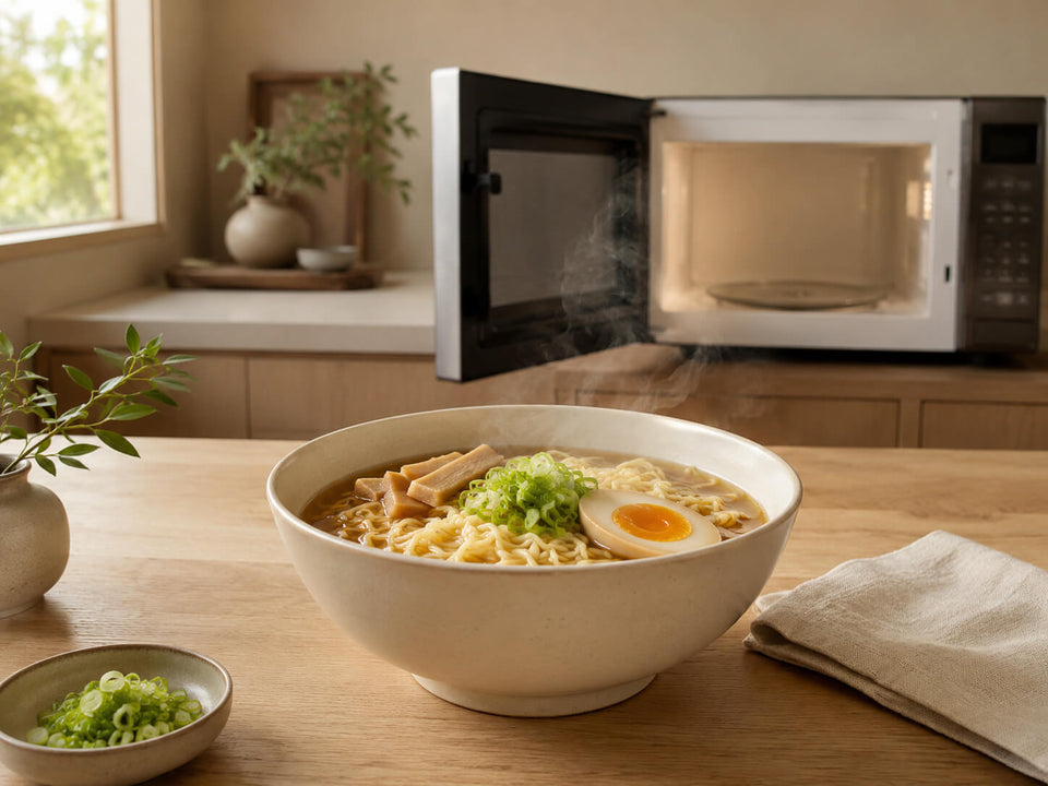 Bowl of microwave ramen with noodles, broth and simple toppings in a warm Japandi setting.