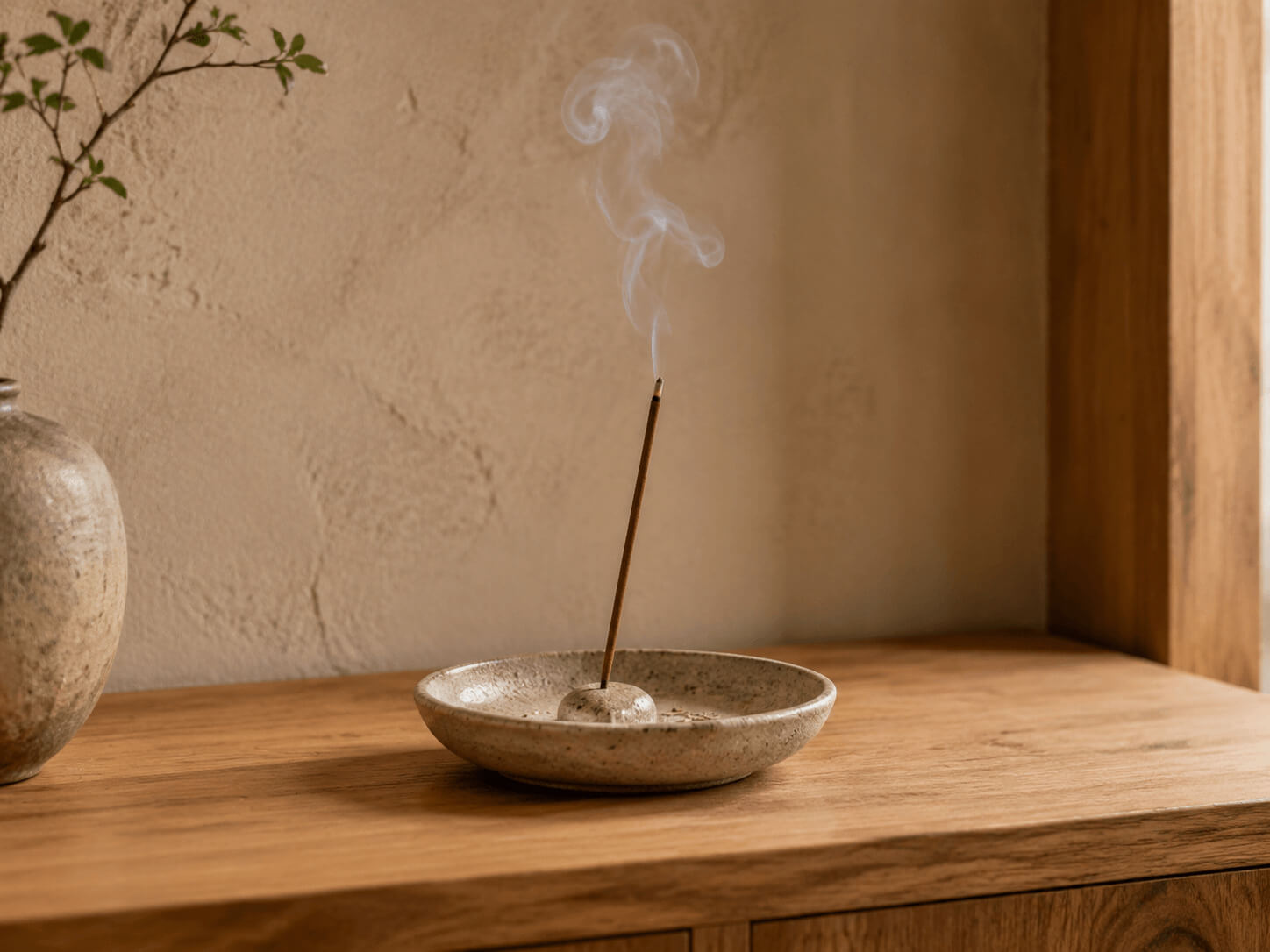 Bâton d’encens allumé dans un porte-encens en céramique avec une fine fumée visible.
