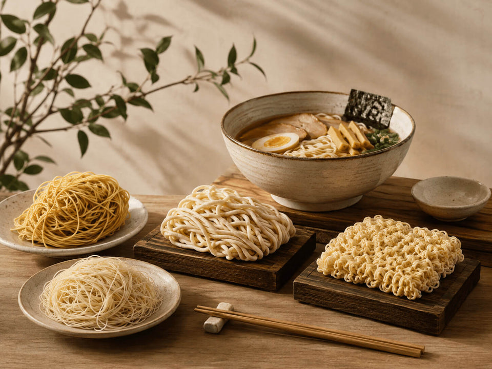 Différents types de nouilles pour ramen présentés dans des bols en céramique sur une table en bois.