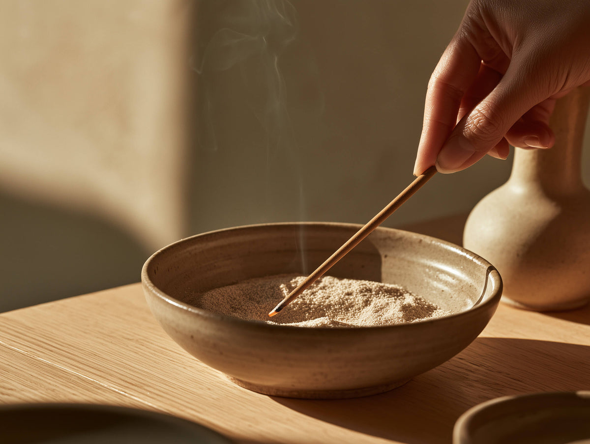 Glühendes Räucherstäbchen, das in einer kleinen Schale mit Sand sicher gelöscht wird