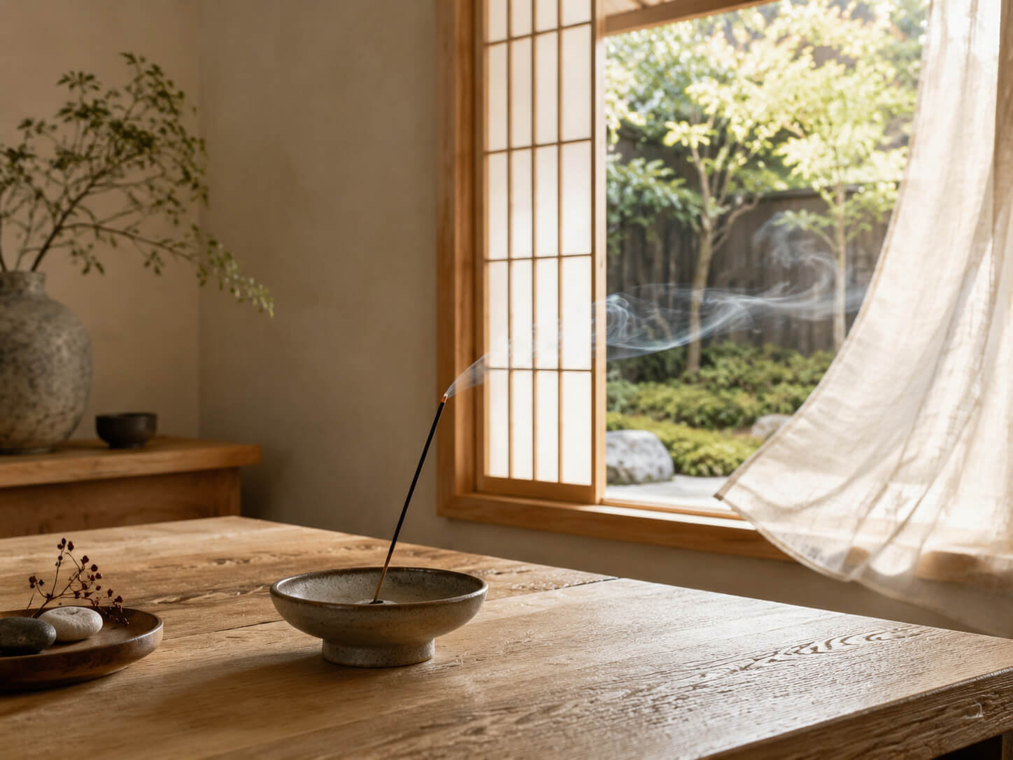 Burning incense in a calm Japandi room with a slightly open window and gentle airflow.
