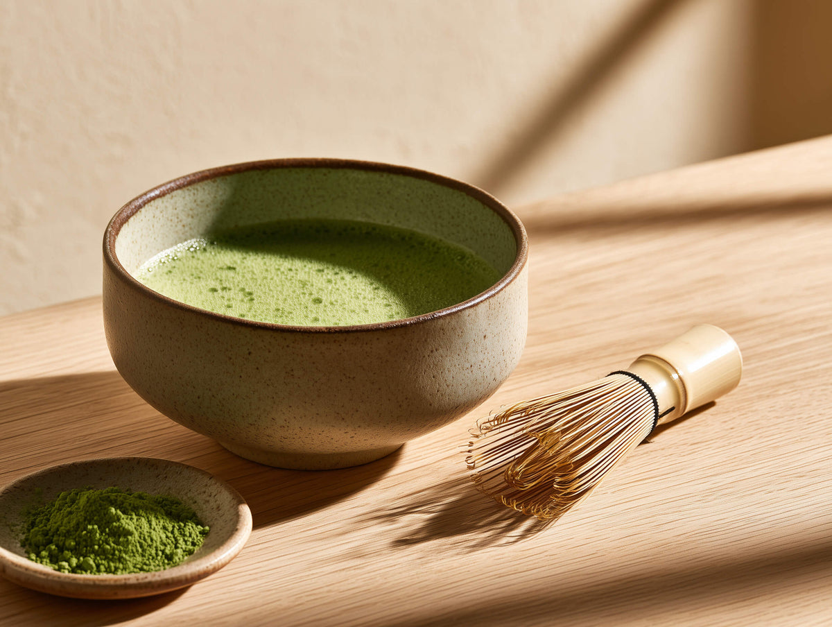 Grüne Matcha-Schale mit Chasen und feinem Matcha-Pulver auf einem hellen Holztisch