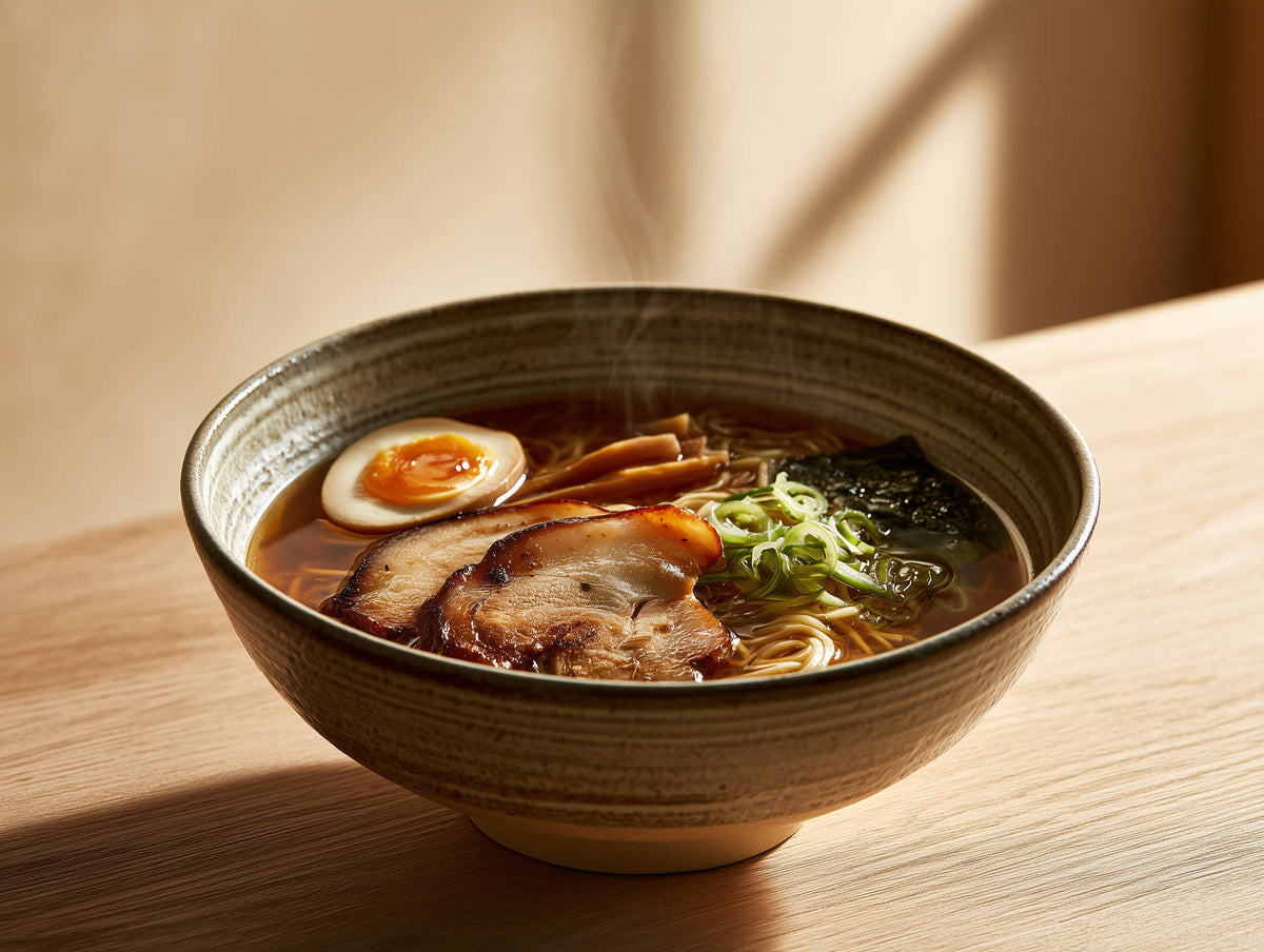 Japanische Ramen-Schale mit Nudeln, Chashu, Ei, Frühlingszwiebeln und Nori auf einem hellen Holztisch