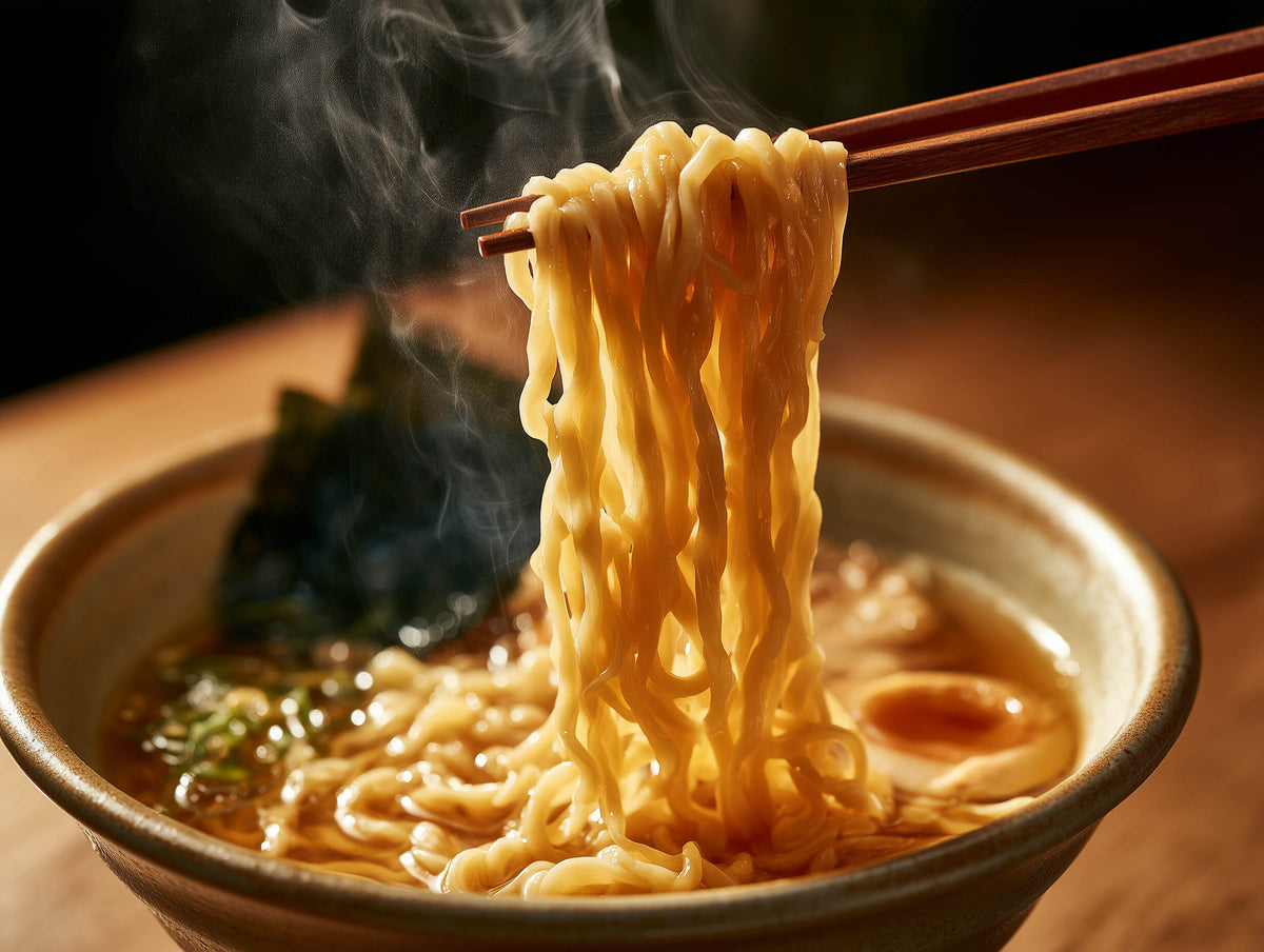 Frische japanische Ramen-Nudeln neben einer keramischen Ramen-Schale mit Brühe und Toppings
