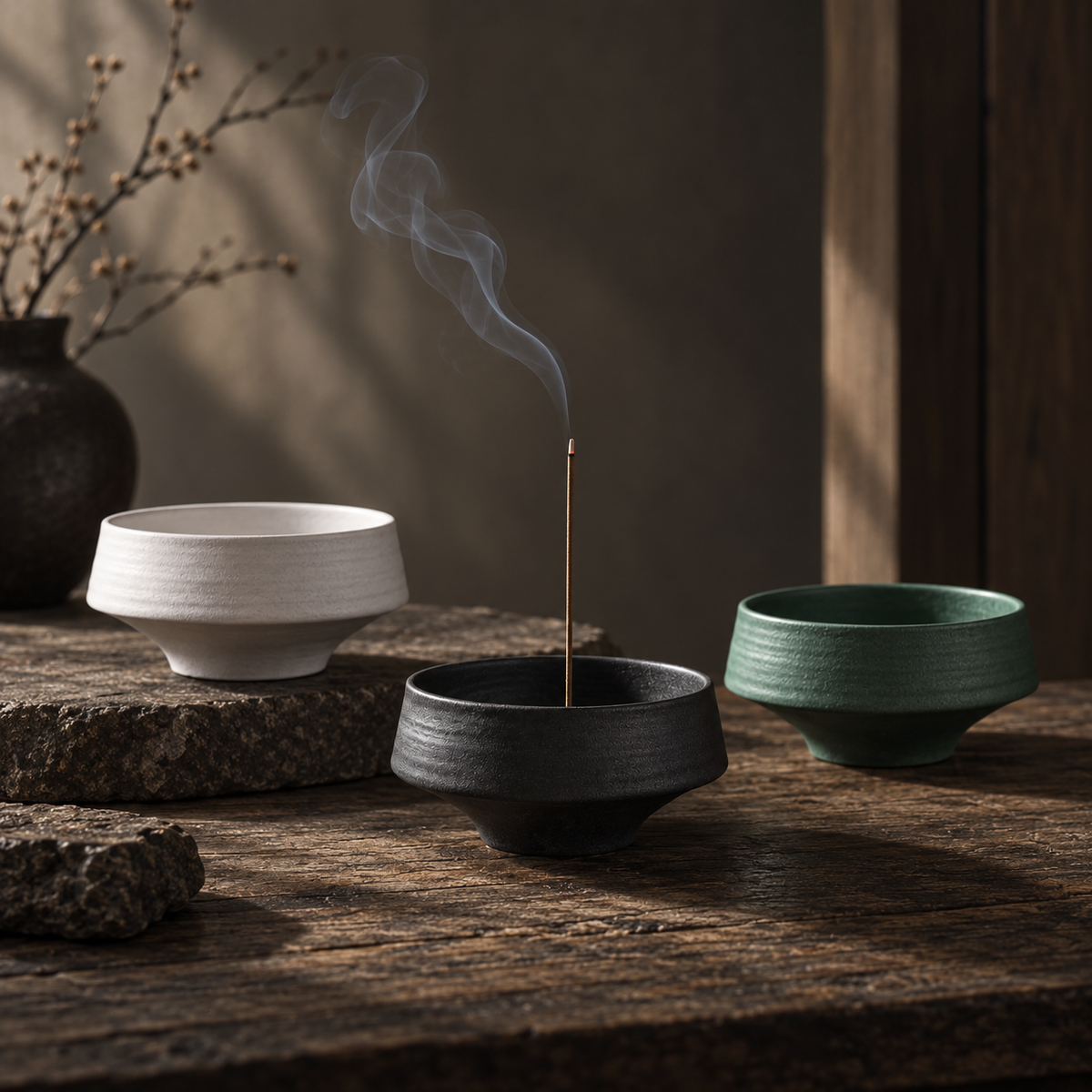 Incense Holder – With Bowl Tray Ceramic Dark