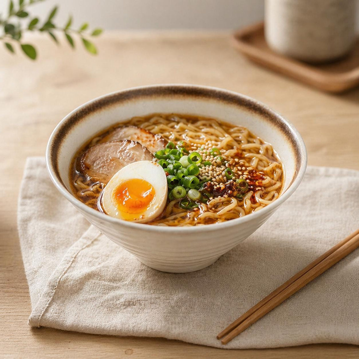 Bol à ramen ivoire à liseré brun