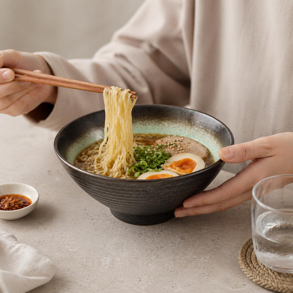 Bol à ramen noir à intérieur vert