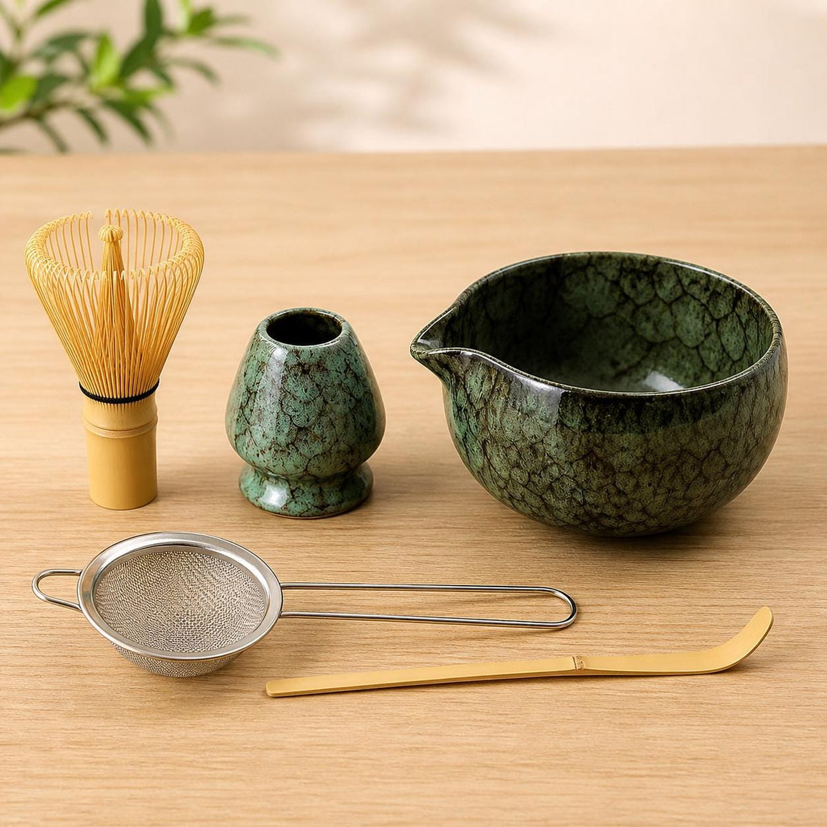 Set à matcha vert et noir moucheté avec passoire