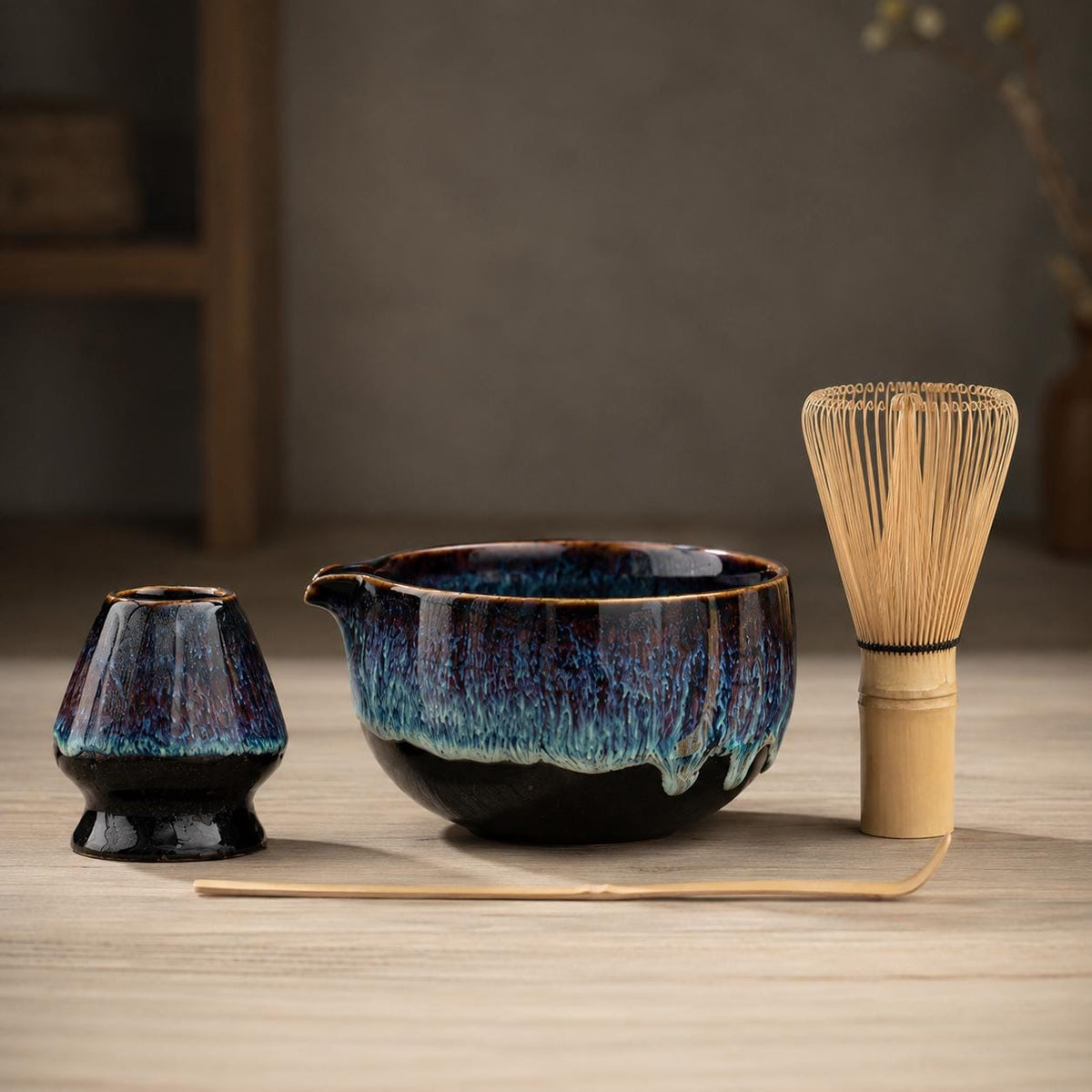 600 ml ceramic matcha set, 13 cm wide with bamboo whisk