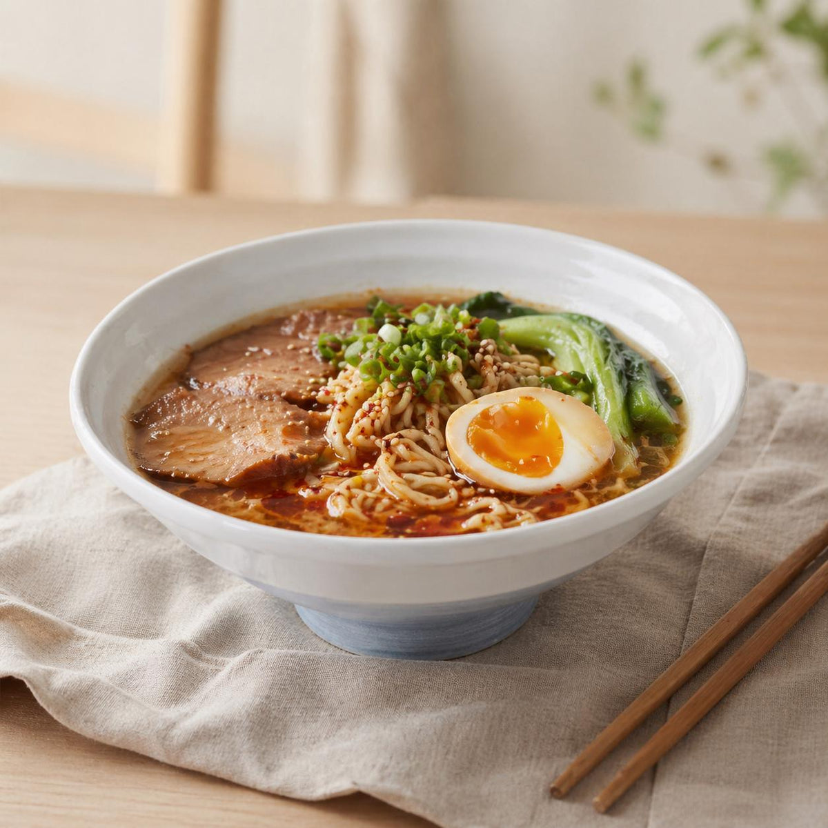 Ramen Bowl – White with Blue Stripes