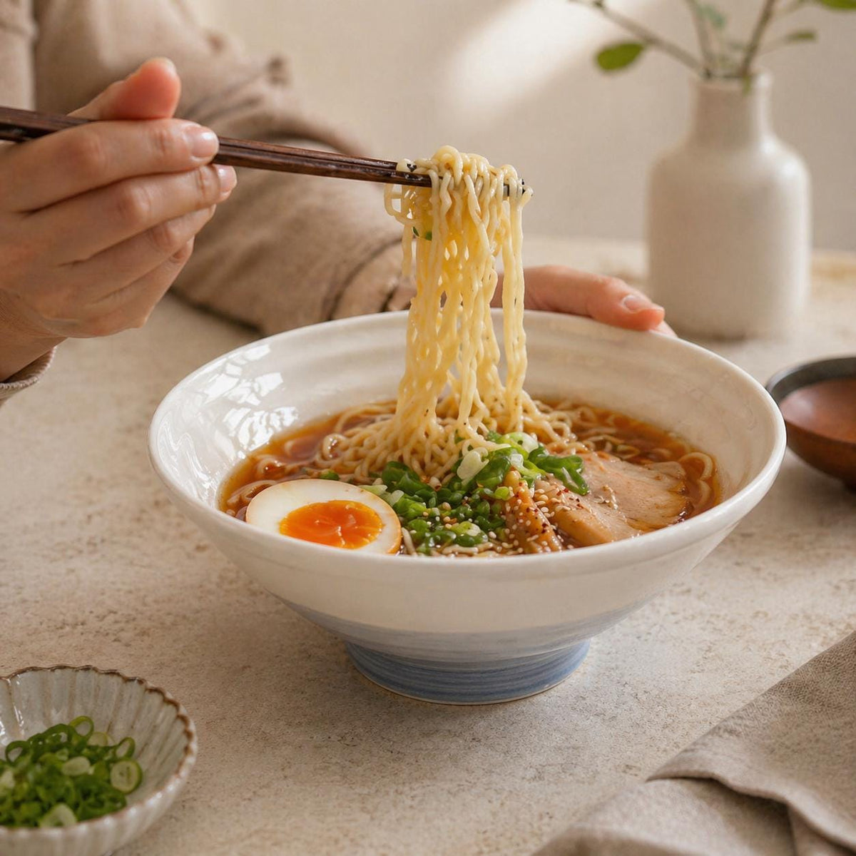Ramen Bowl – White with Blue Stripes