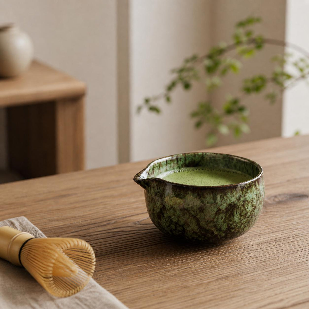 Set à matcha vert et noir moucheté avec passoire
