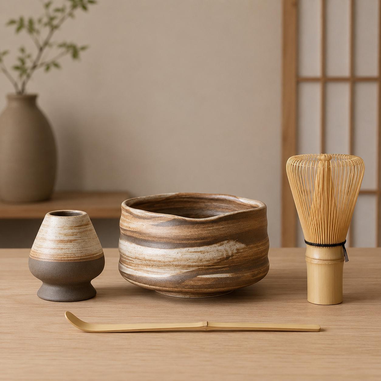 Ceramic Matcha Bowl Set - Japandi Tea Set for Minimalist Aesthetic Kitchen