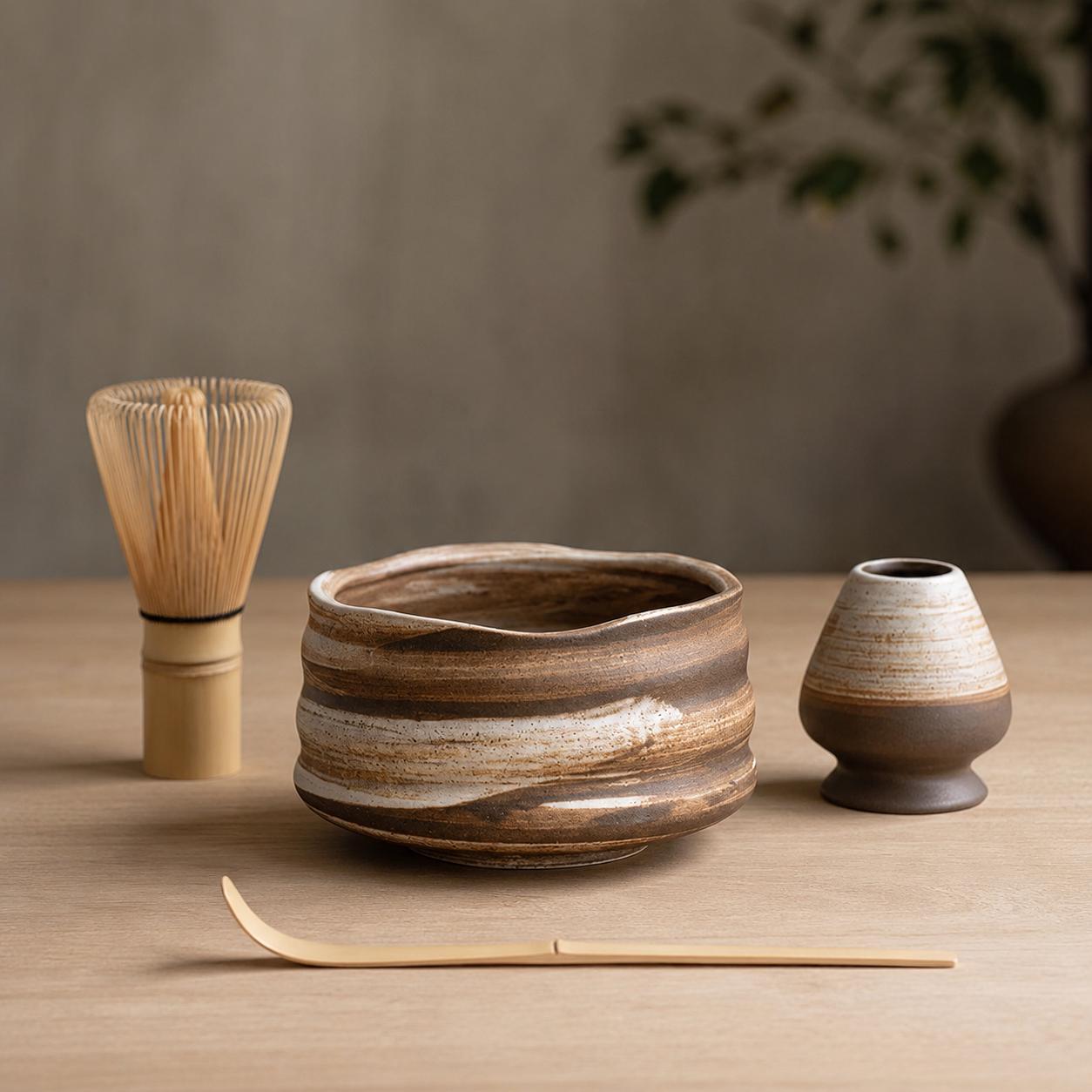 Ceramic Matcha Bowl Set - Japandi Tea Set for Minimalist Aesthetic Kitchen