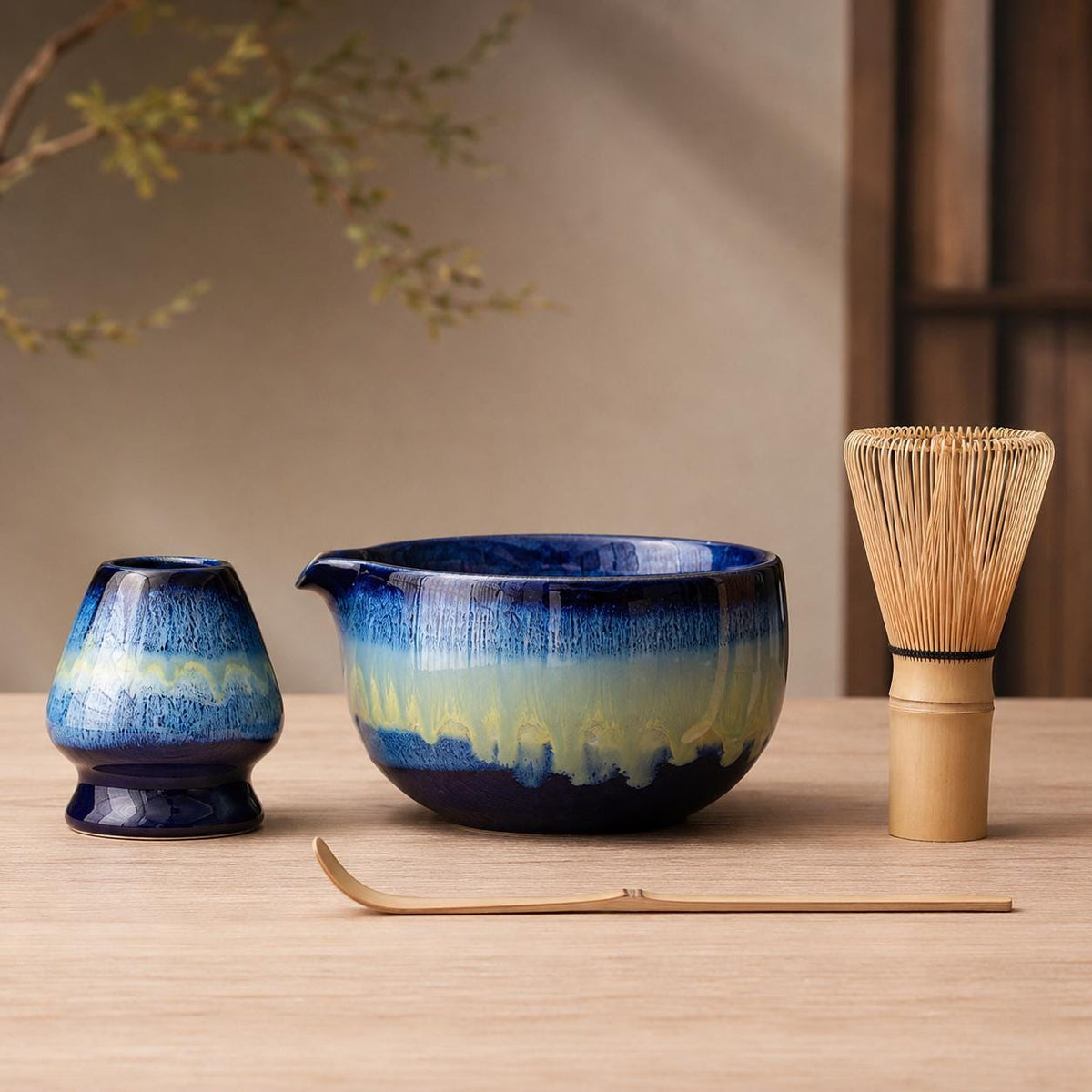 600 ml ceramic matcha set, 13 cm wide with bamboo whisk