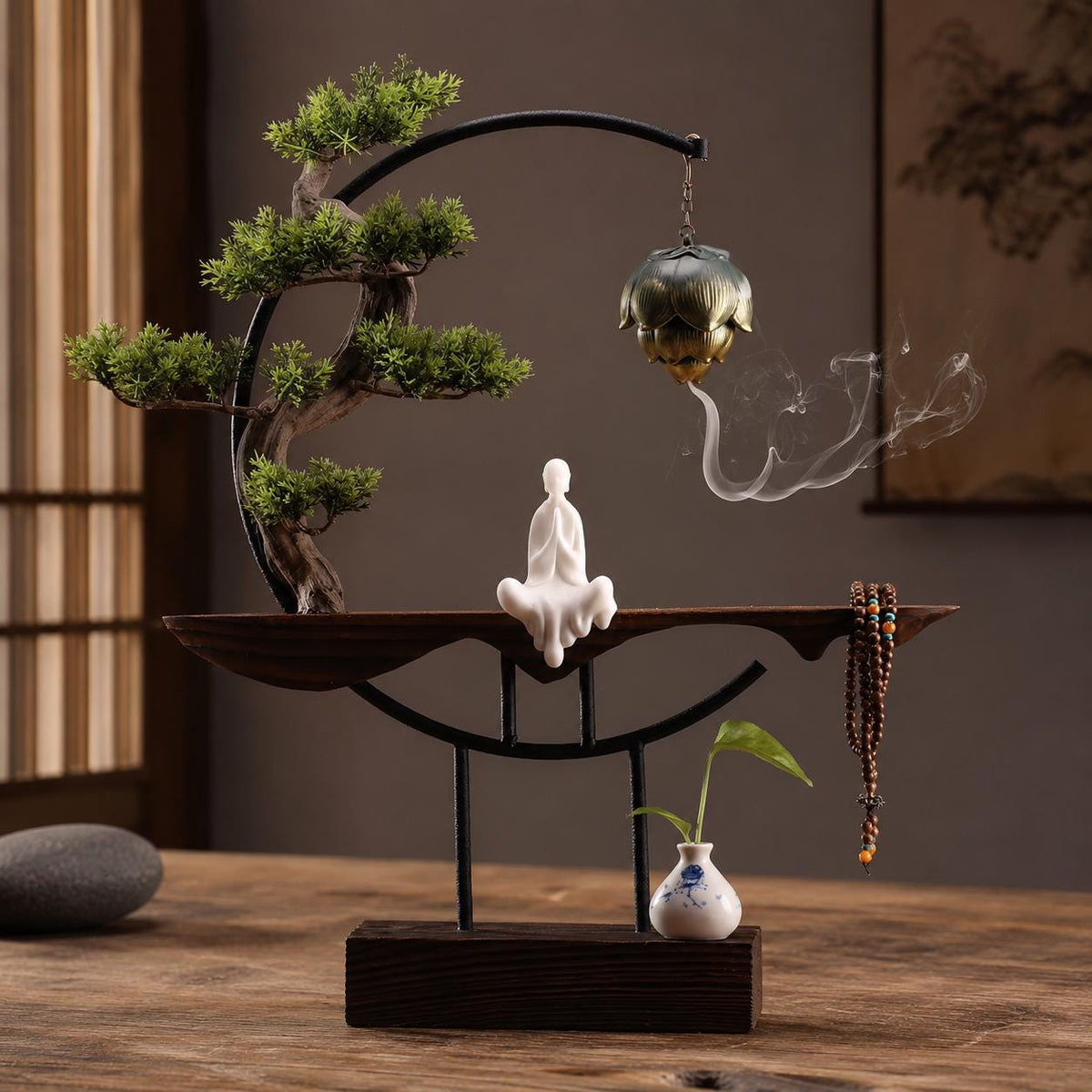 Porte-encens Japandi en bois, métal et céramique pour cônes d’encens