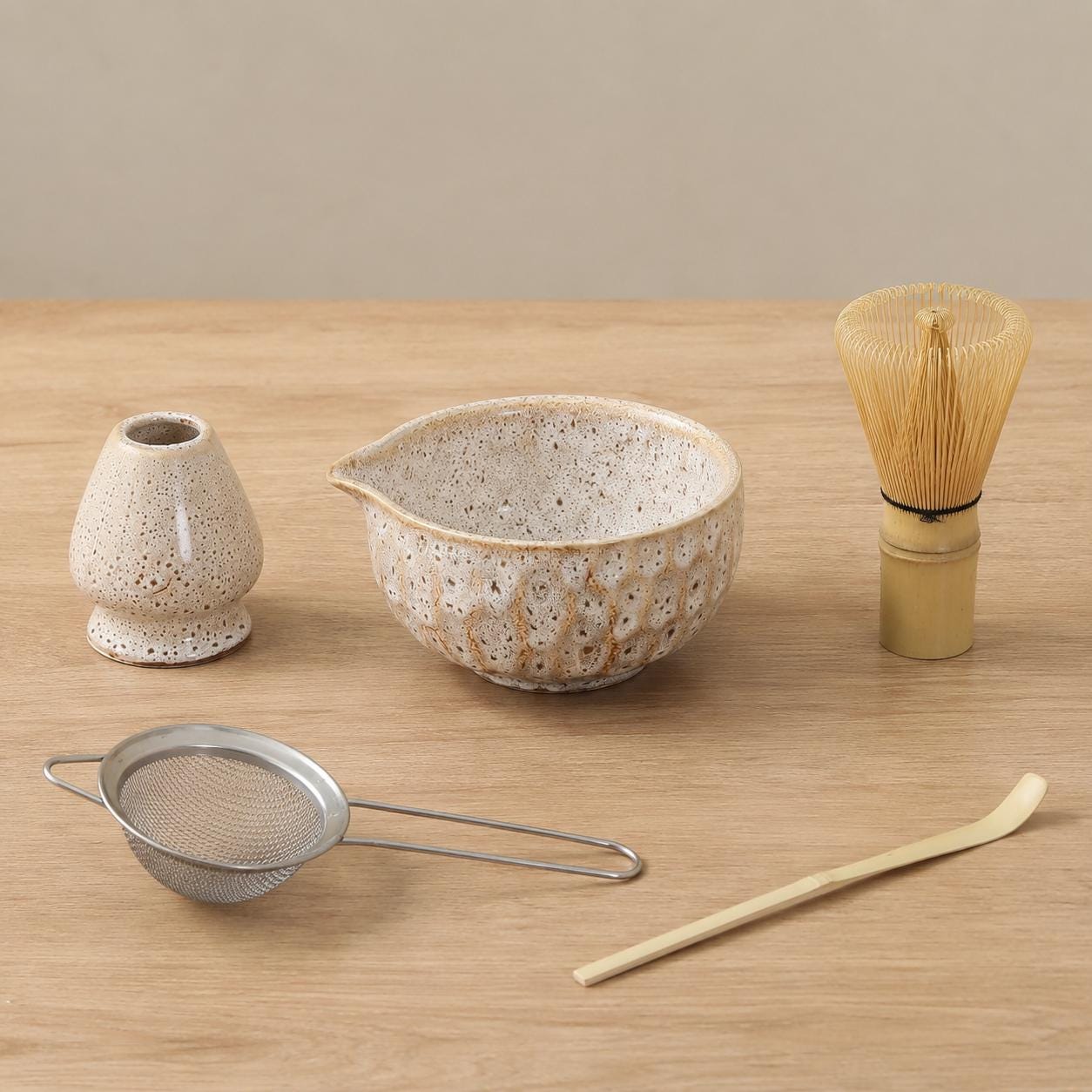 Ceramic Matcha Bowl Set - Gentle and Neutral Matcha Tea Set for Peaceful Interiors