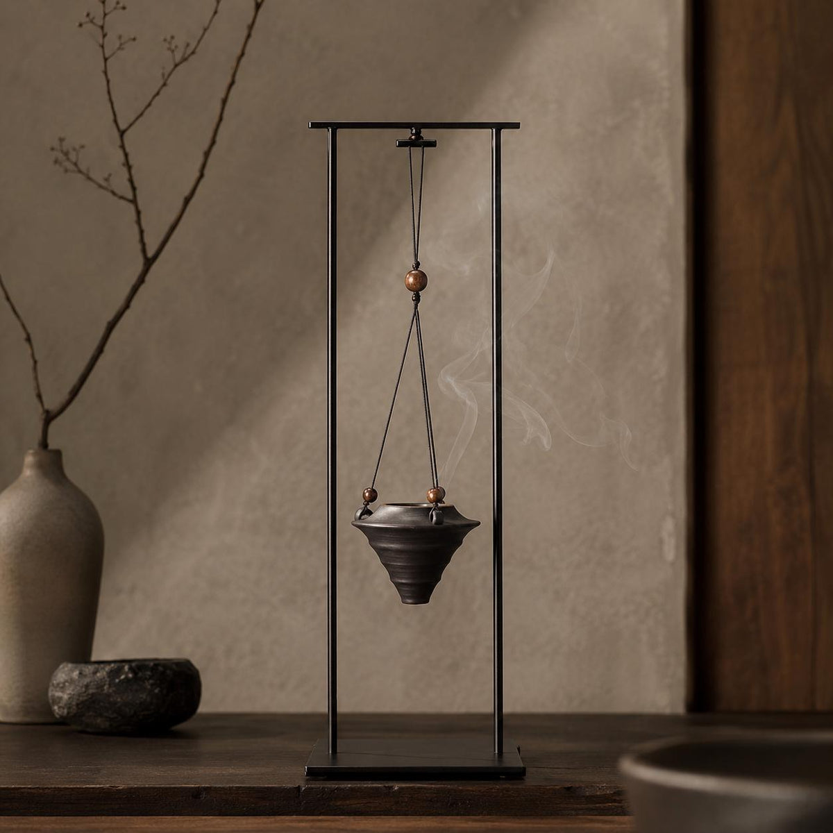 Hanging ceramic and metal incense holder for incense cones