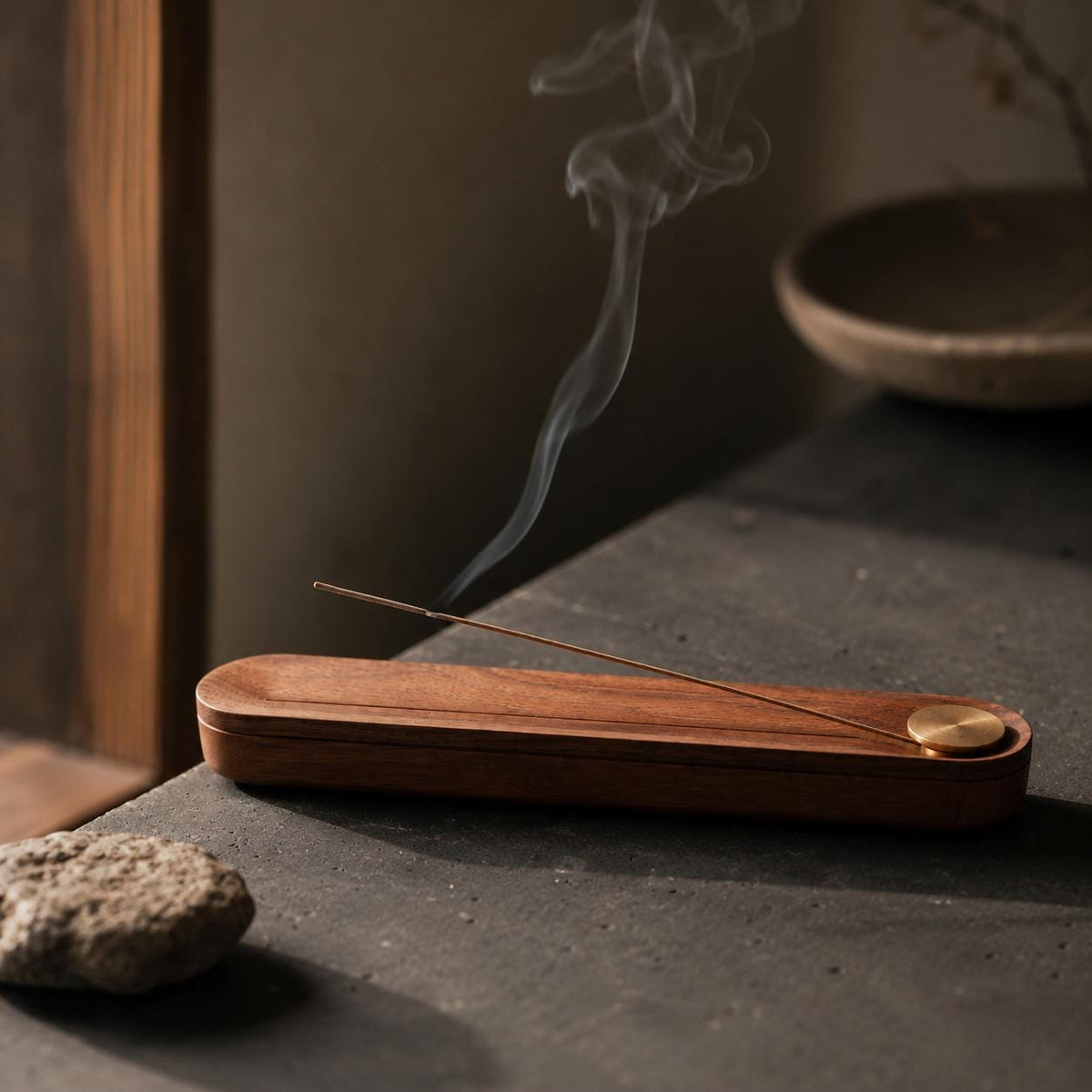 Japandi walnut and brass incense holder for incense sticks