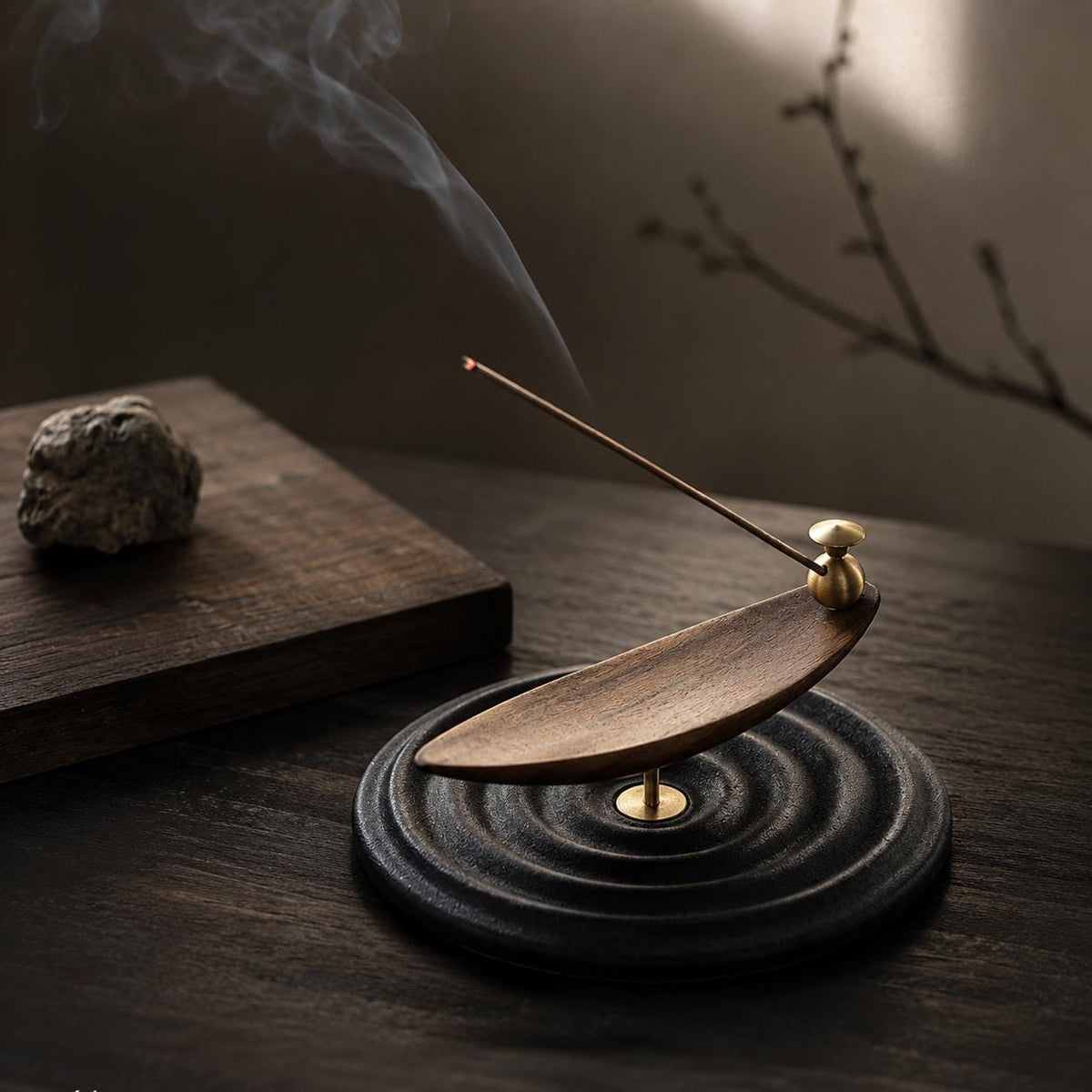 Wabi-sabi black walnut, ceramic, and brass incense holder for incense sticks