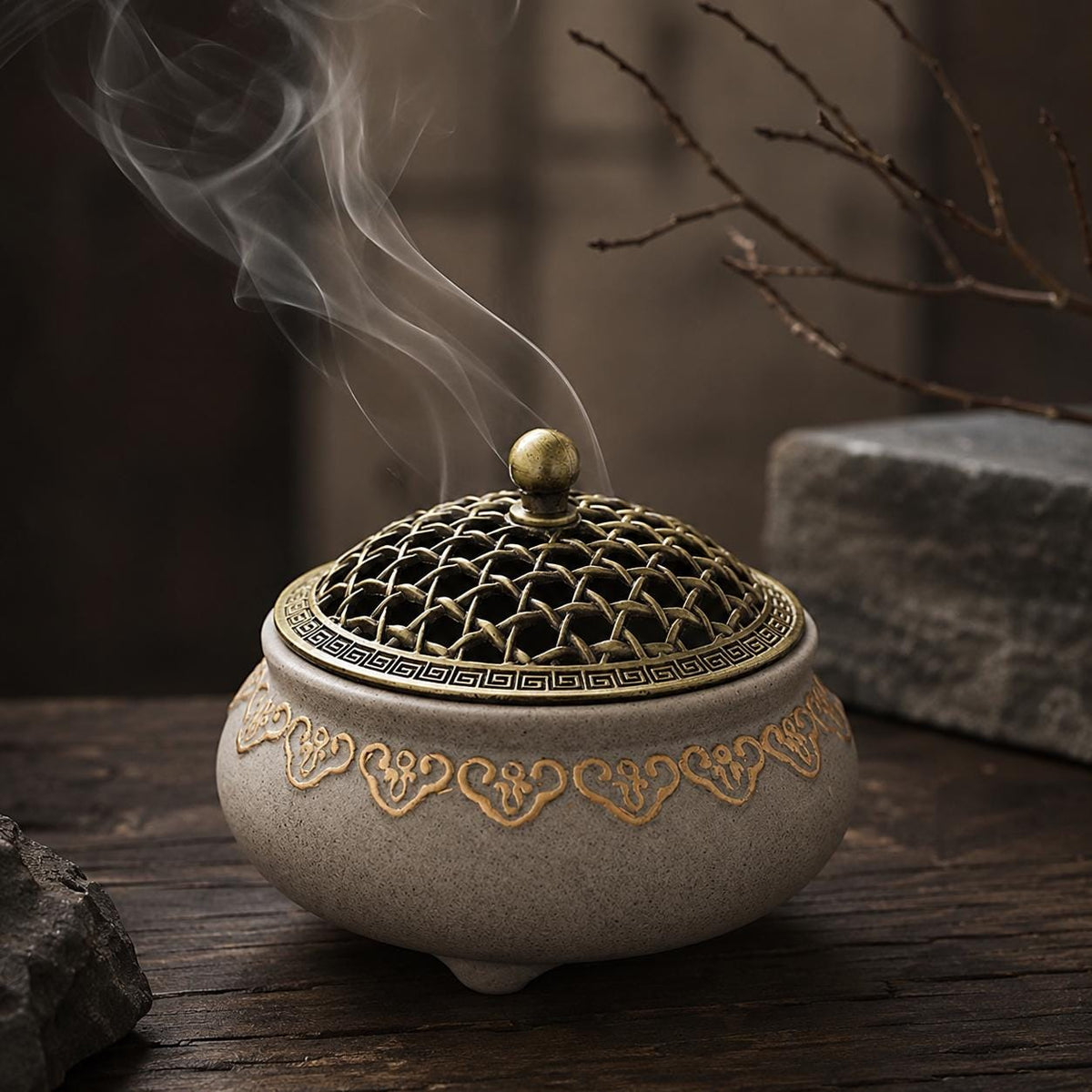 Minimalist Japanese ceramic and metal incense holder for incense coils and cones