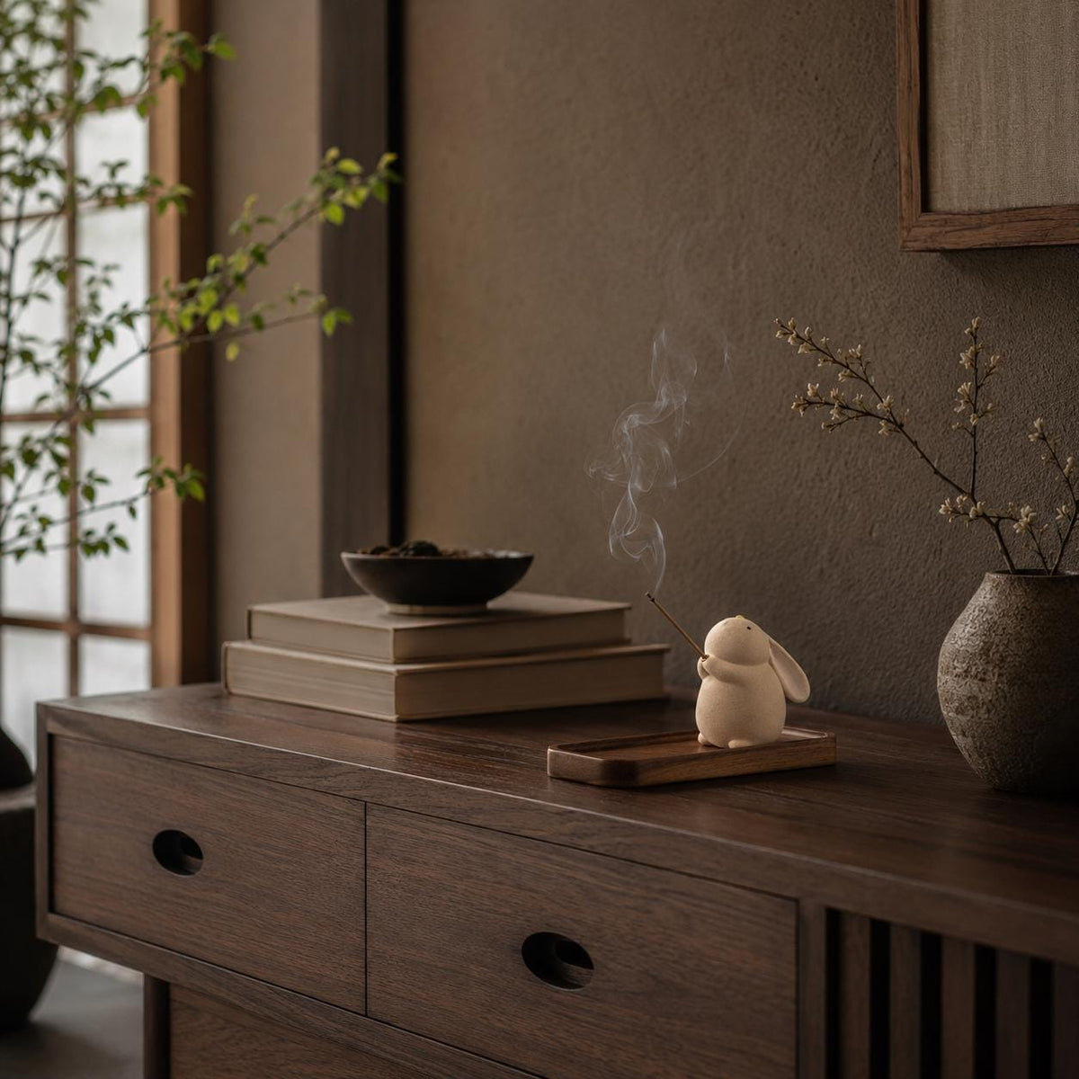 Rabbit Incense Holder on Wood Tray