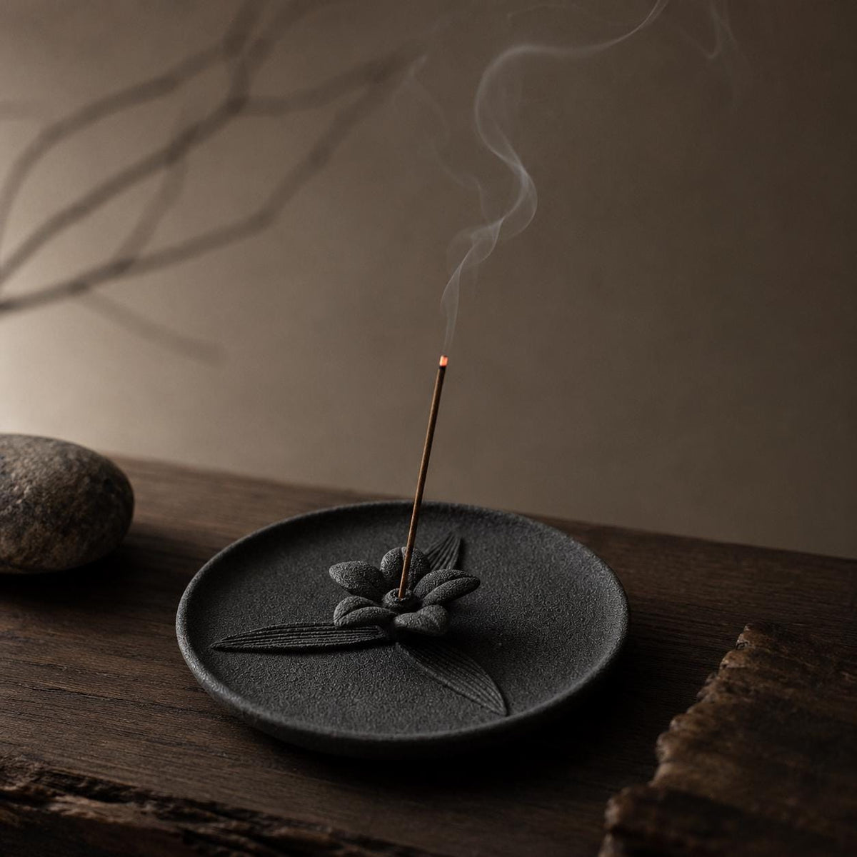 Wabi-sabi ceramic incense holder, 13 cm wide, for incense sticks