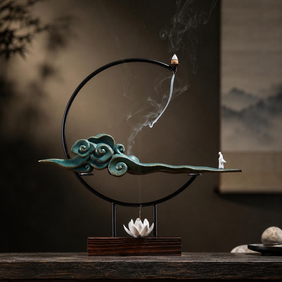 Wabi-sabi wood, metal, and ceramic incense holder for backflow incense cones