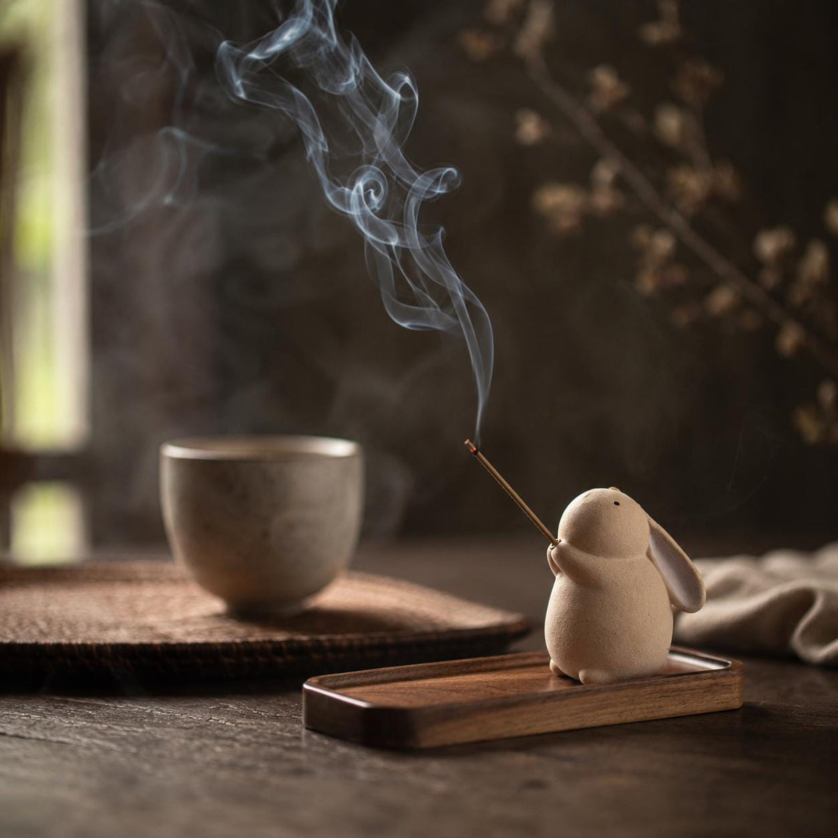 Rabbit Incense Holder on Wood Tray