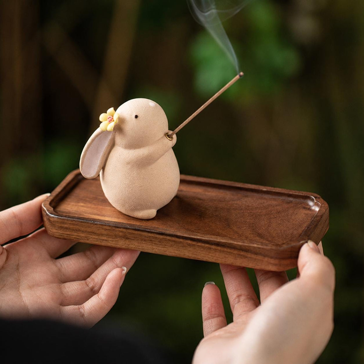 Rabbit Incense Holder on Wood Tray