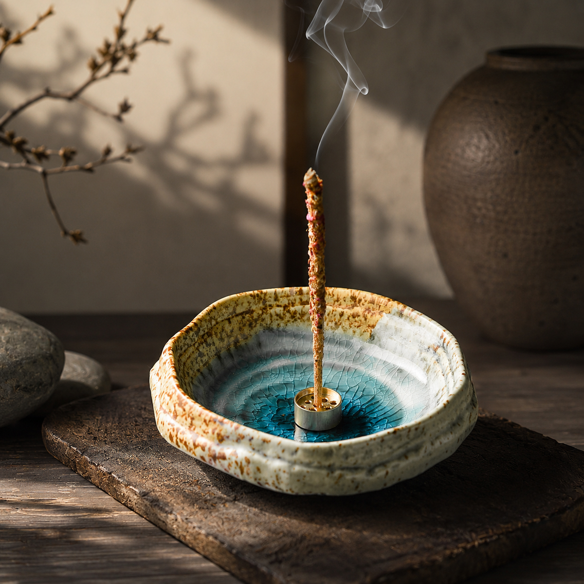 Porte-encens en céramique bleu turquoise avec support pour bâton d’encens
