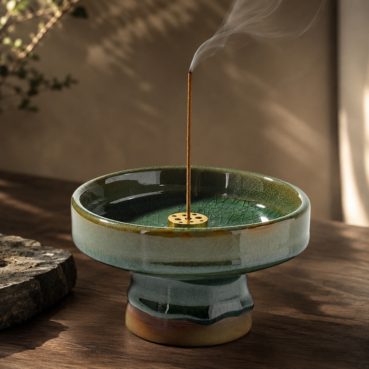 Porte-encens sur pied en céramique émaillée vert olive avec bâton d’encens