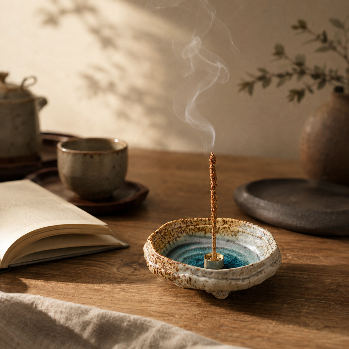 Porte-encens en céramique bleu turquoise avec bâton d’encens allumé sur une table