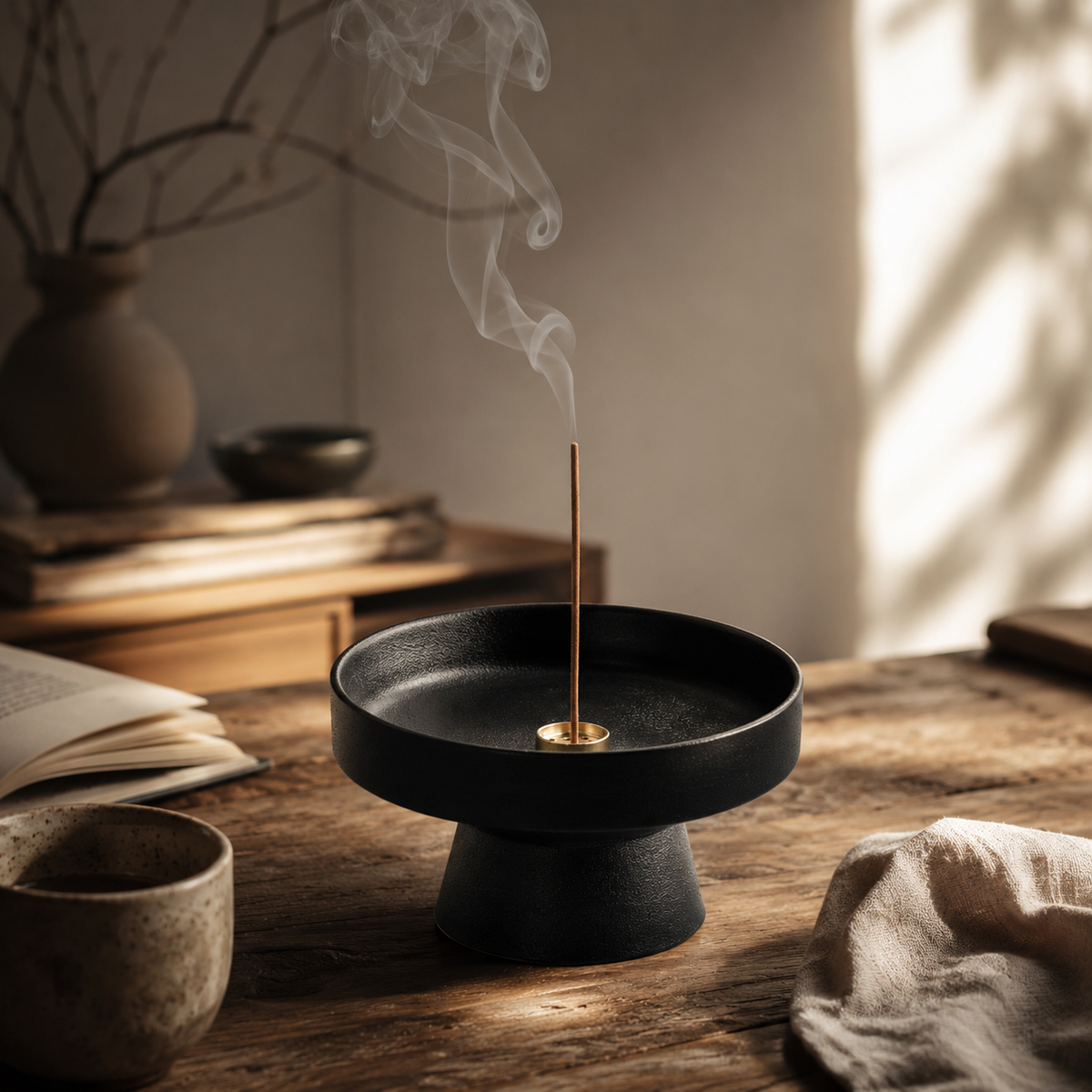 Porte-encens sur pied en céramique texturée noir mat avec bâton d’encens dans un intérieur