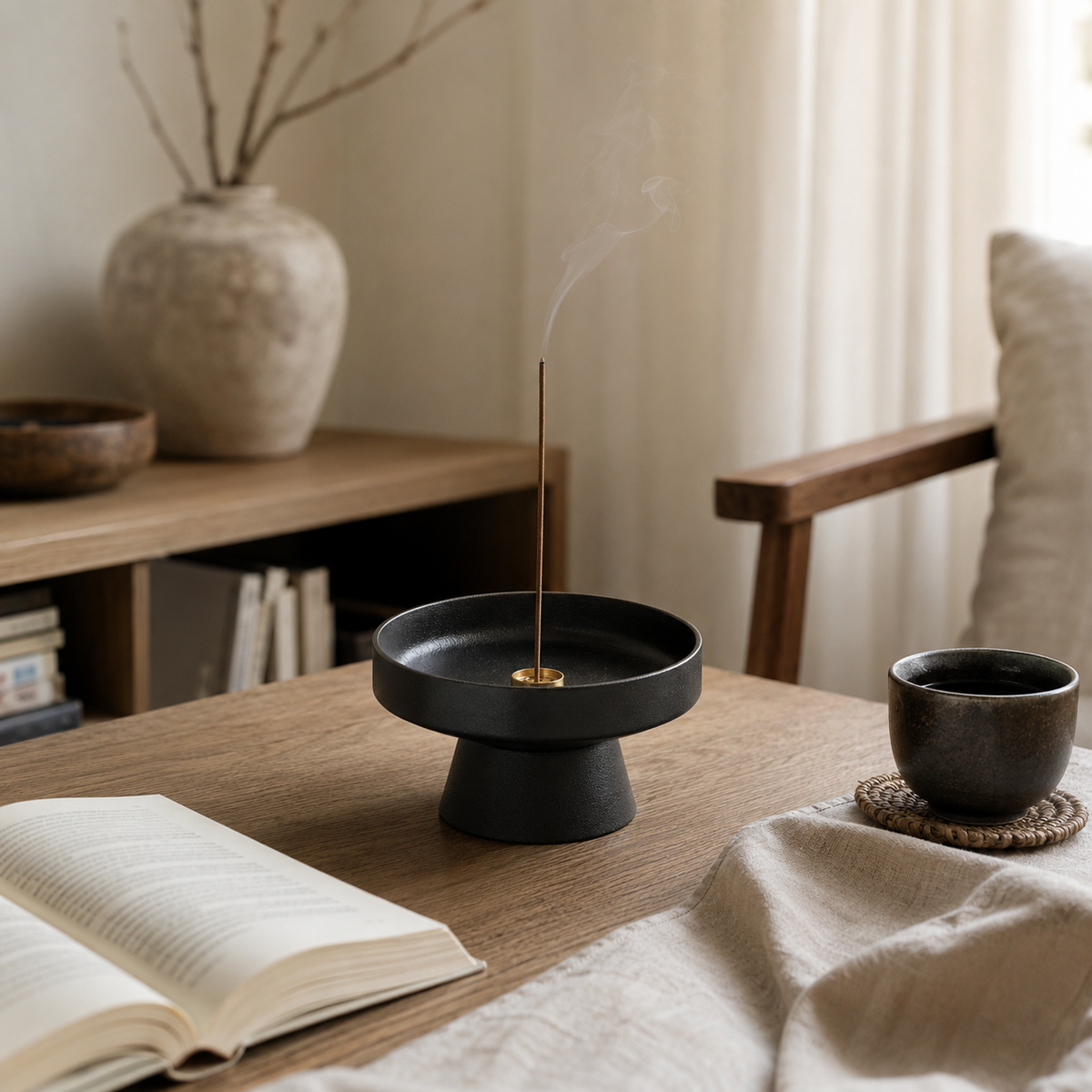 Porte-encens sur pied en céramique texturée noir mat avec bâton d’encens sur une table