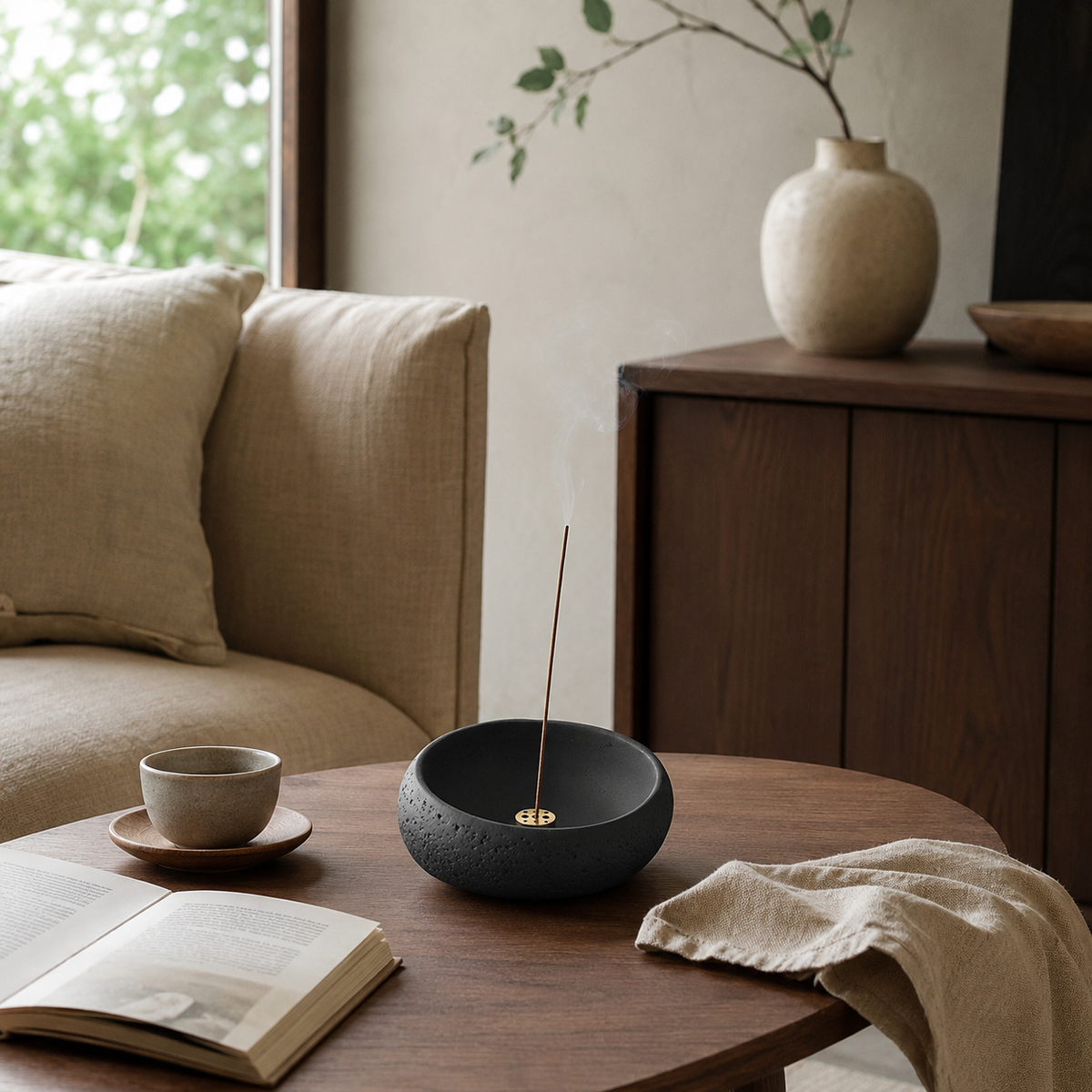 Porte-encens en céramique texturée noir mat avec bâton d’encens sur une table