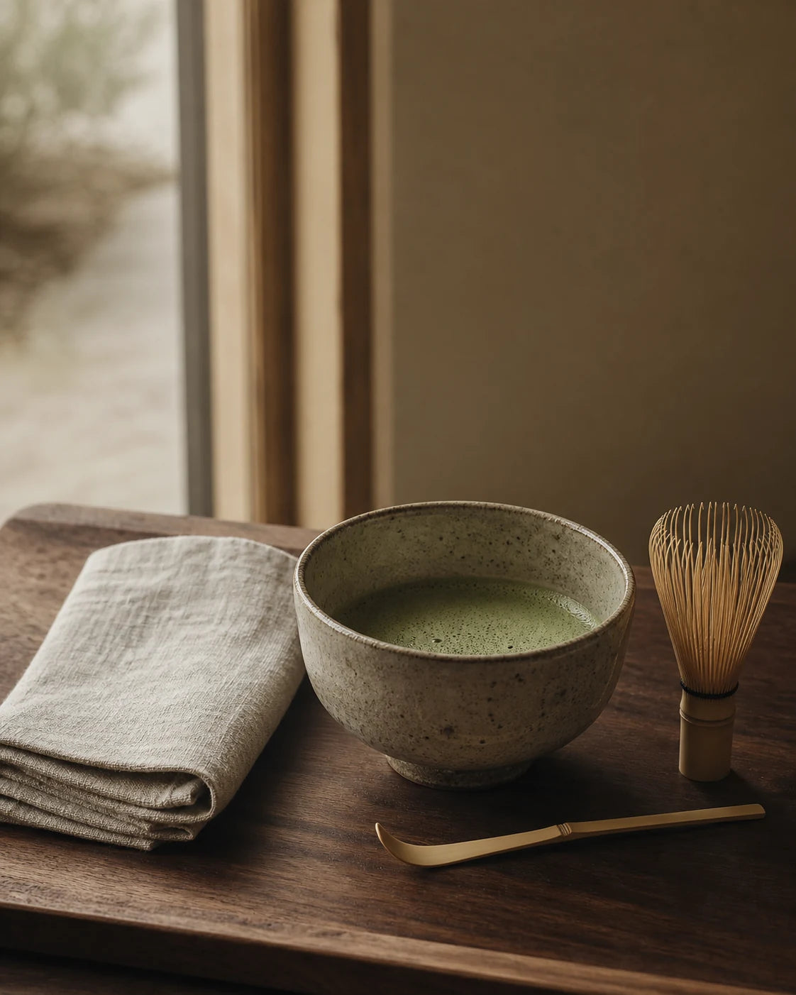 Bol à matcha et accessoires sur une table en bois