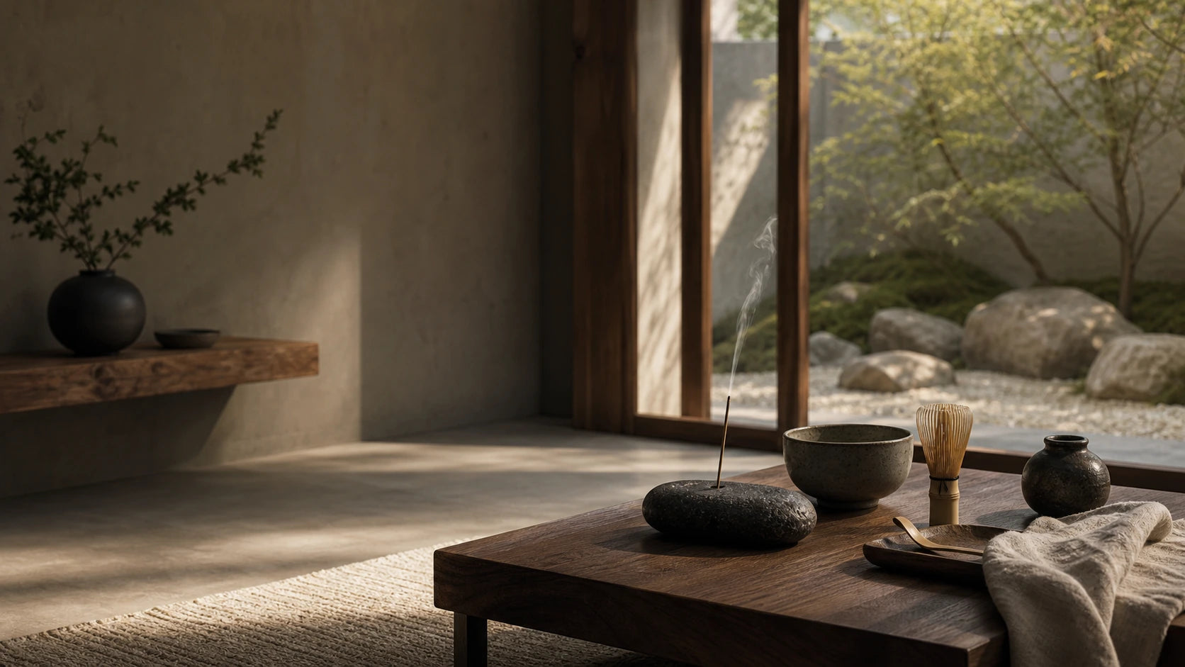 Porte-encens et accessoires matcha dans un intérieur japonais apaisé